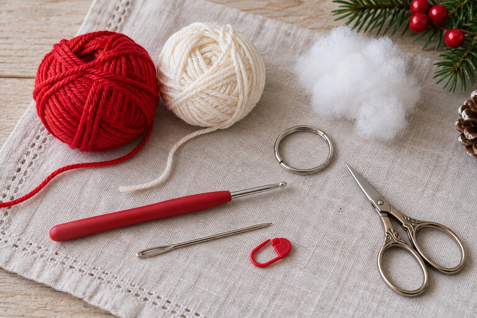 Red and ivory cotton yarn and tools for a mini crochet mitten keychain