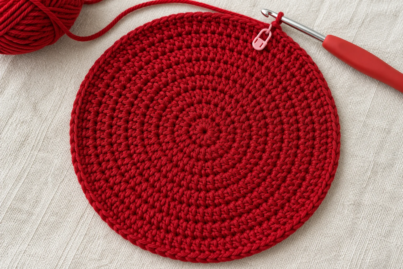 Red circular single crochet bag base