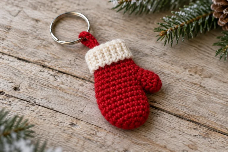 Red crochet mini Christmas mitten keychain with ivory ribbed cuff