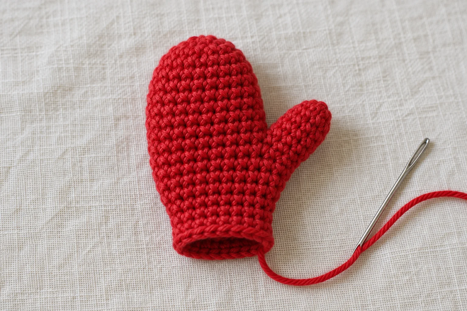 Red crochet mitten with completed thumb and open wrist