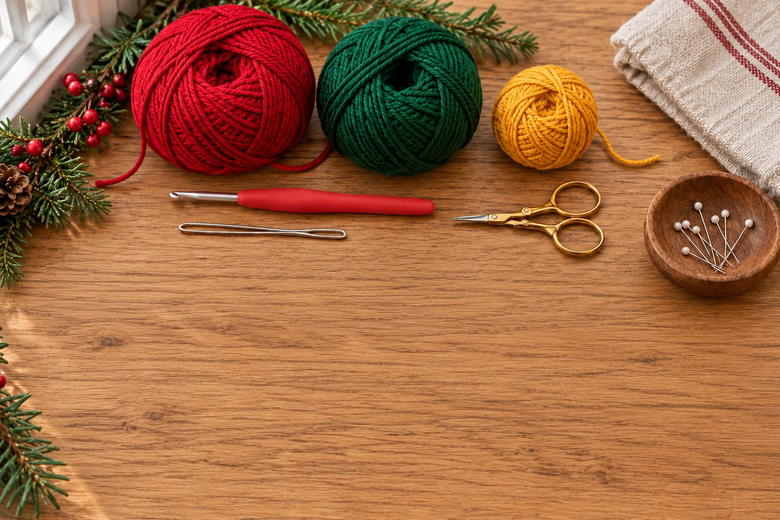 Red, green and yellow yarn with crochet tools