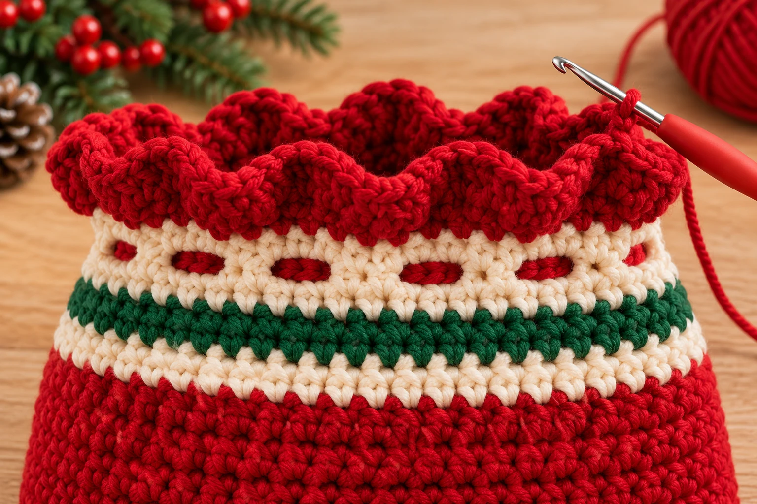 Red scalloped crochet top edge