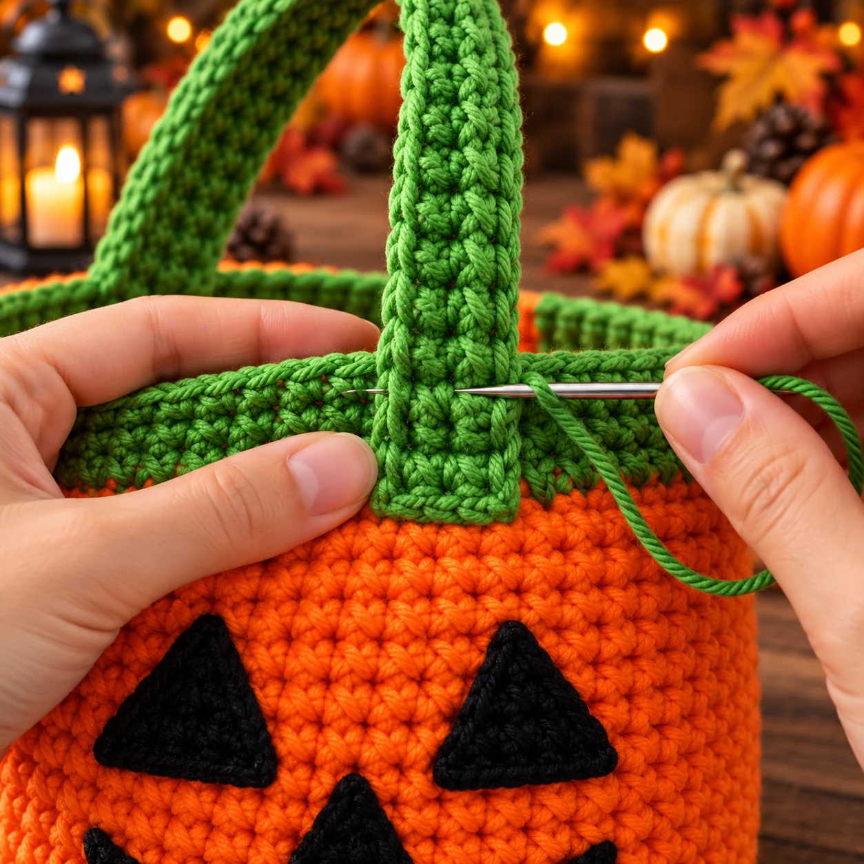 Sewing and reinforcing a green crochet handle onto the bag
