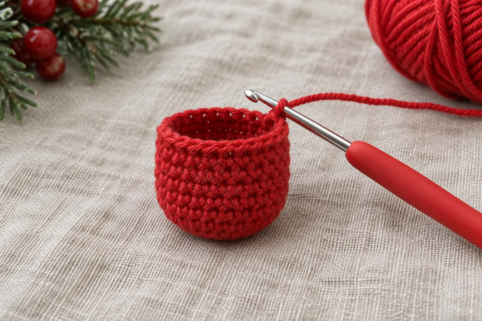 Rounded red crochet fingertip cup in progress