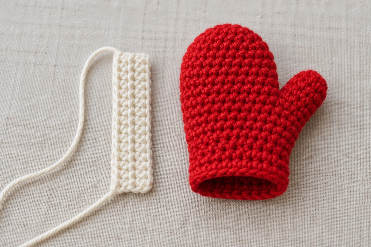 Separate ivory ribbed cuff strip beside a red crochet mitten