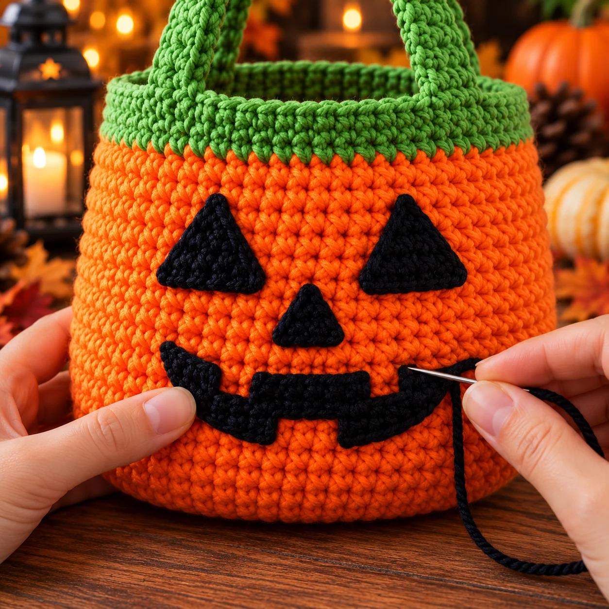 Sewing the black jack-o-lantern mouth onto an orange crochet bag