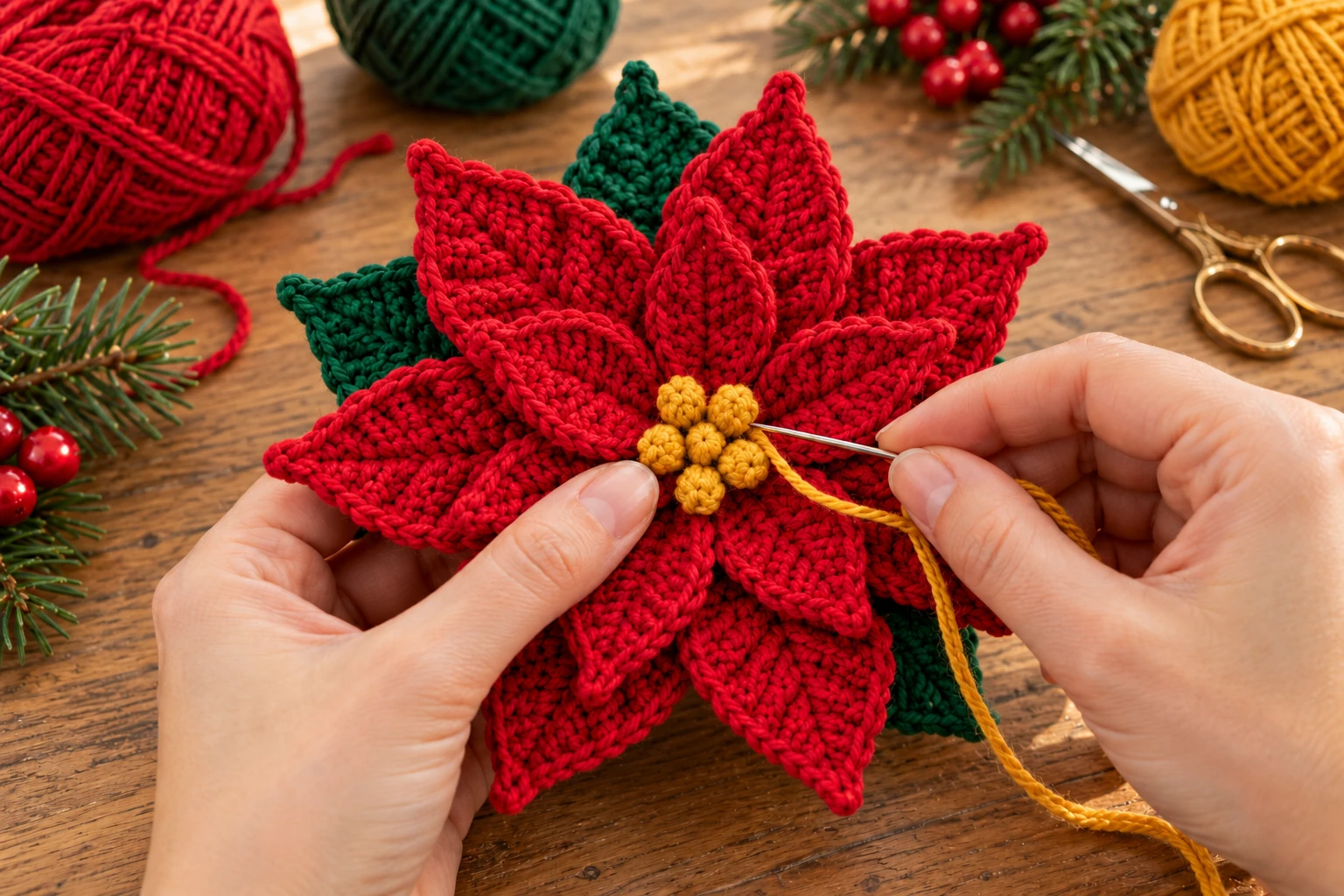 Sewing the yellow center onto the crochet poinsettia
