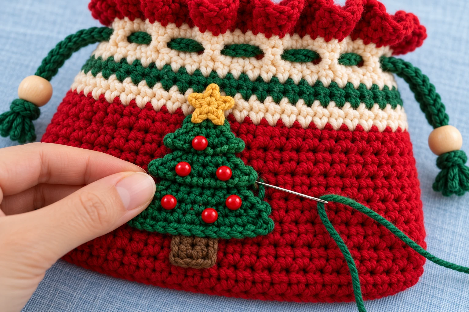 Sewing tiered Christmas tree applique to crochet bag