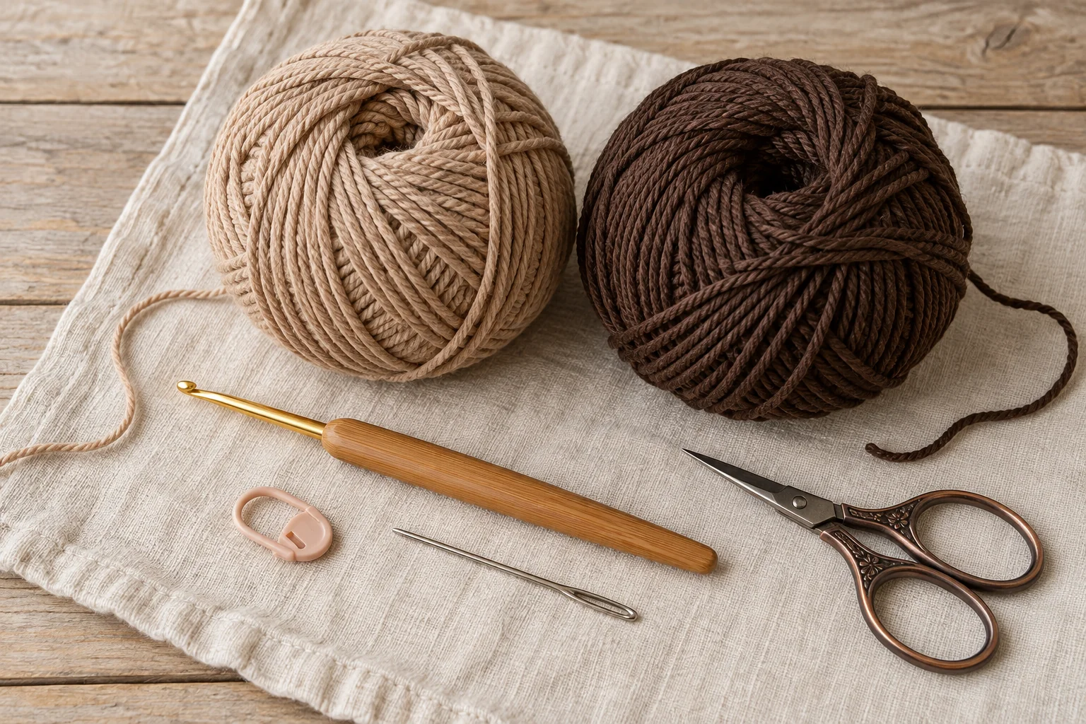 Tan and brown cotton yarn with tools for a crochet acorn pouch