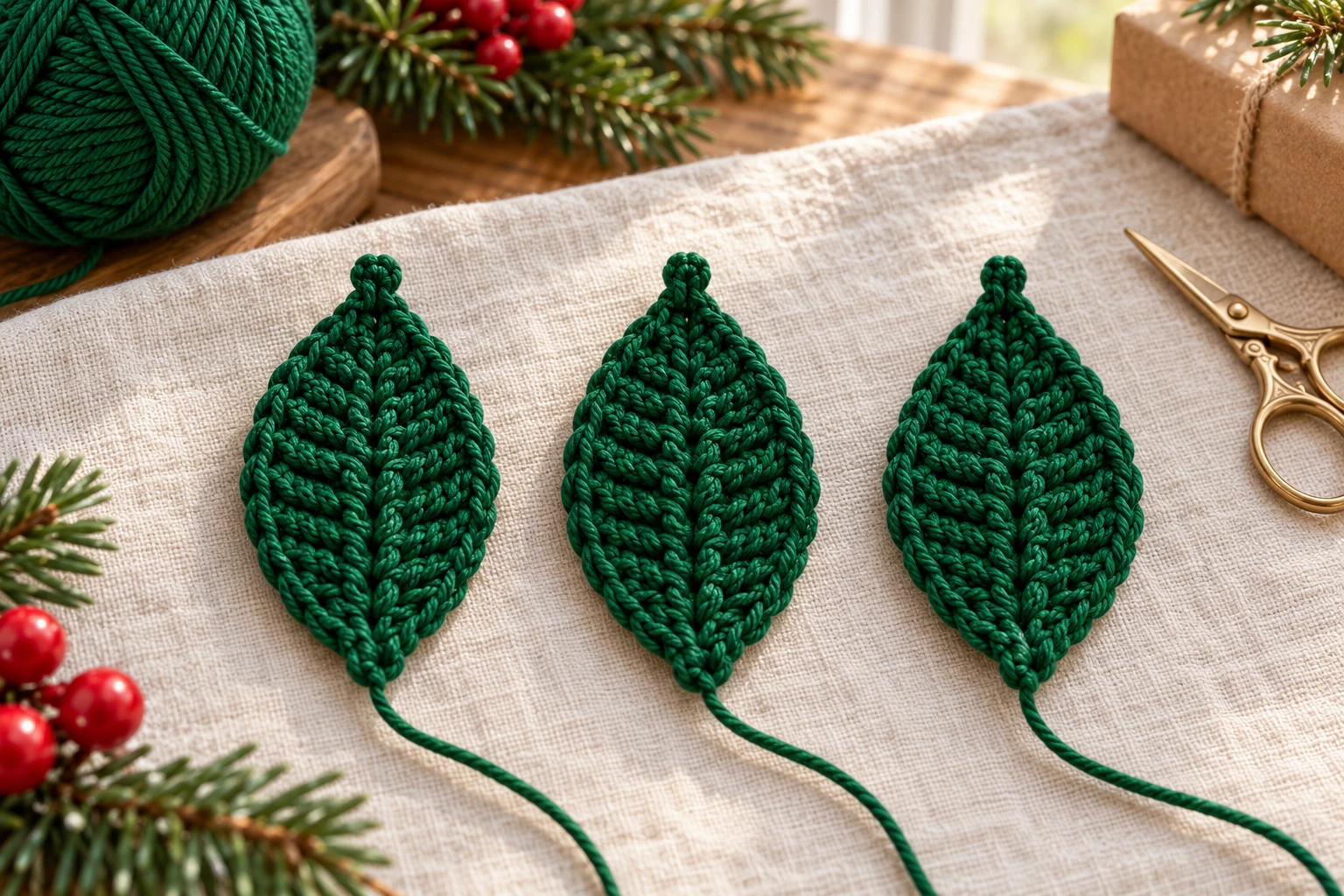 Three green crochet leaves