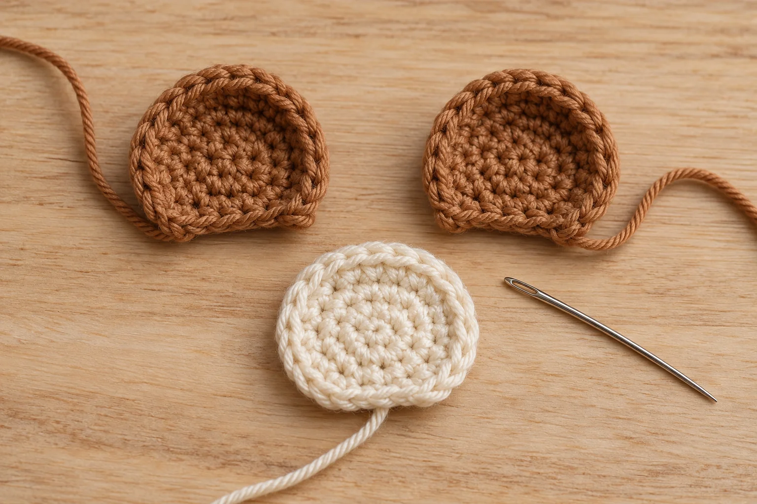 Two caramel crochet ears and a cream muzzle with embroidered nose and smile