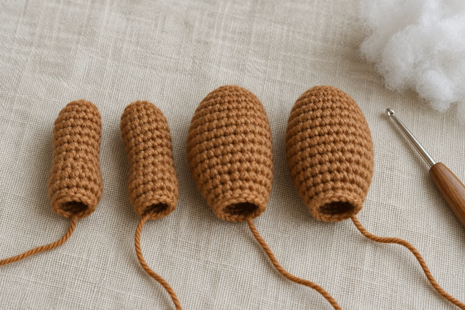 Two crochet bear arms and two feet before assembly