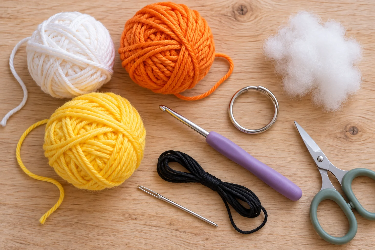 Yarn and tools for a crochet candy corn keychain