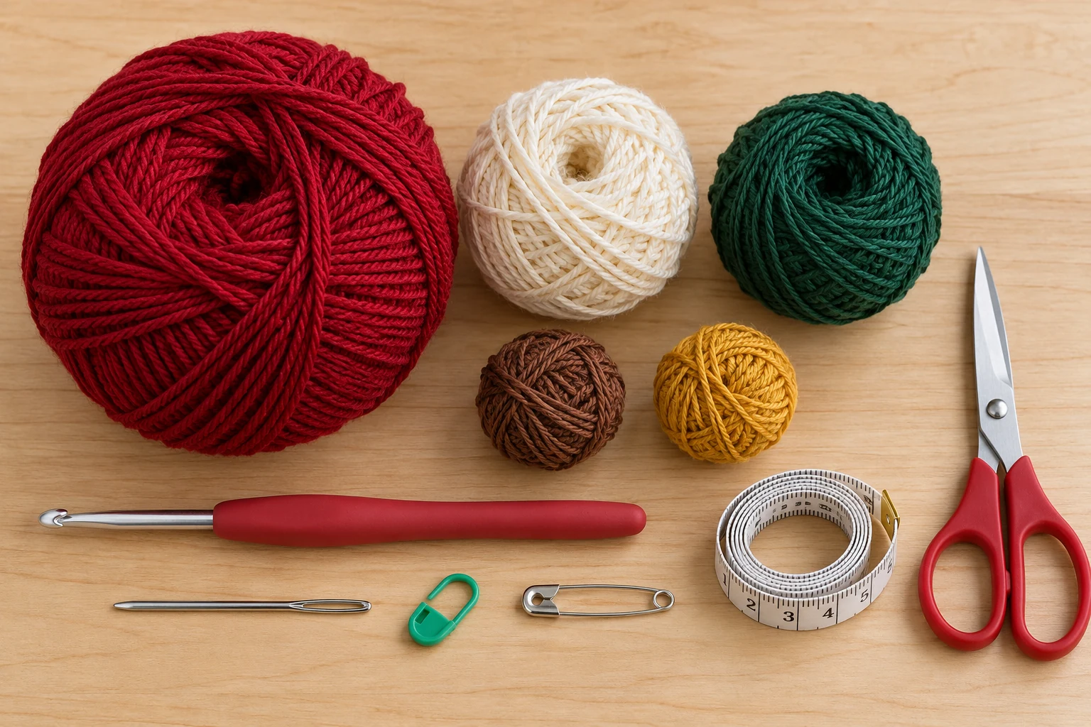 Yarn and tools for crochet Christmas gift bag