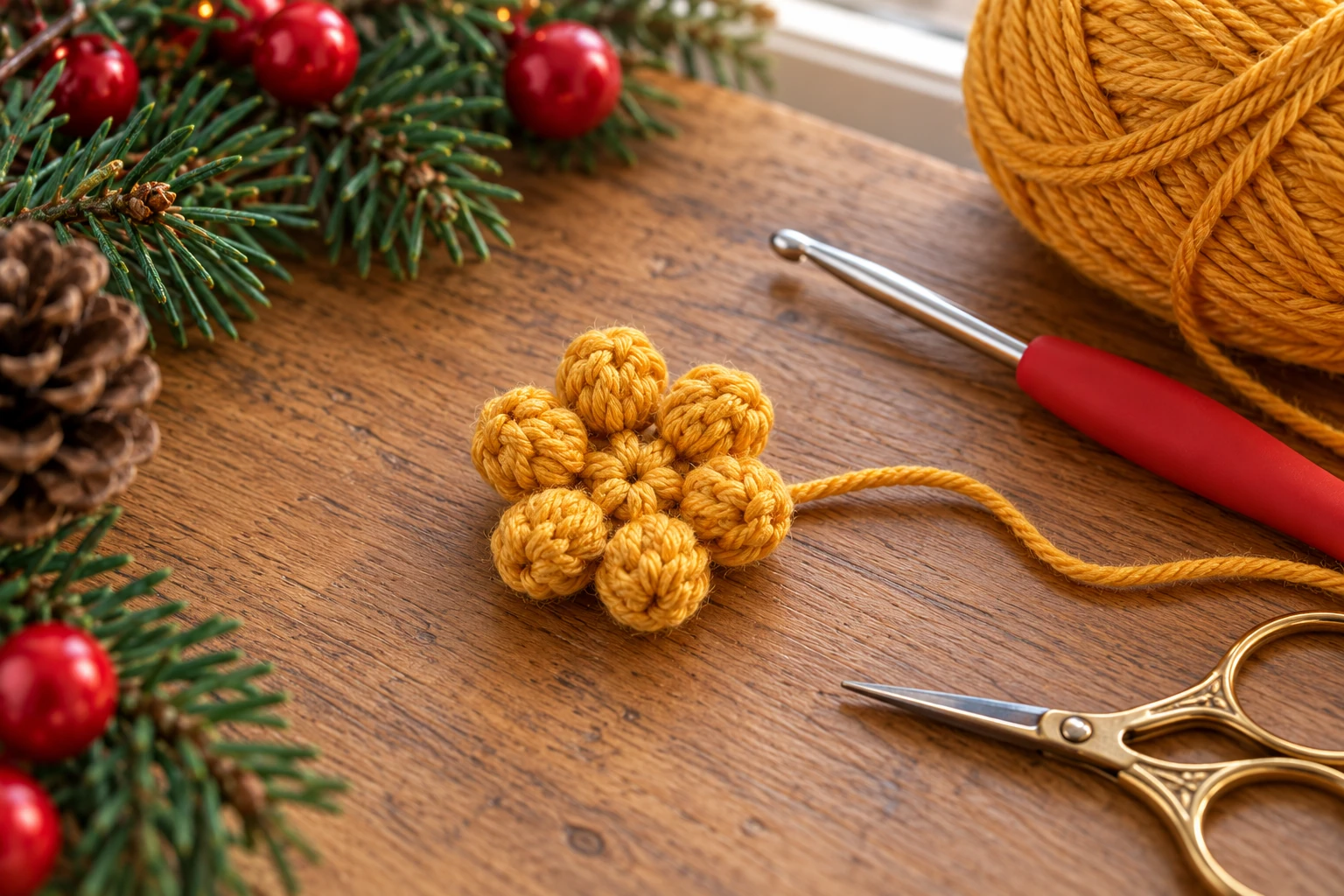 Yellow crochet flower center with bobble stitches