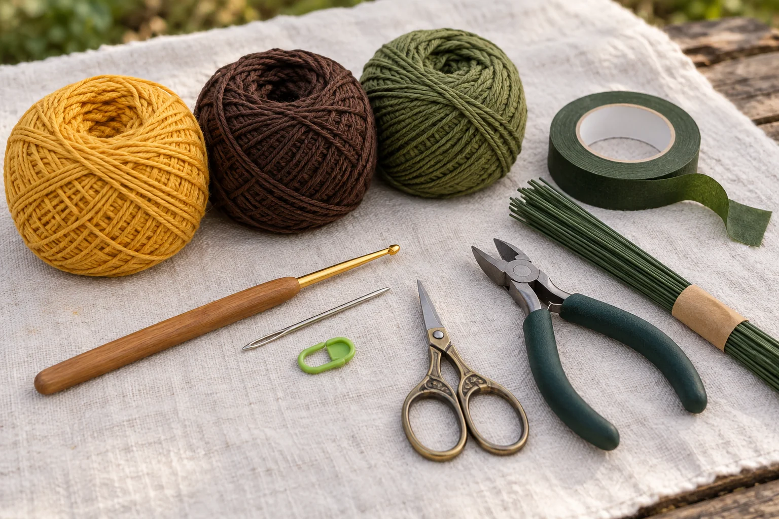 Yarn and tools for crochet autumn sunflower