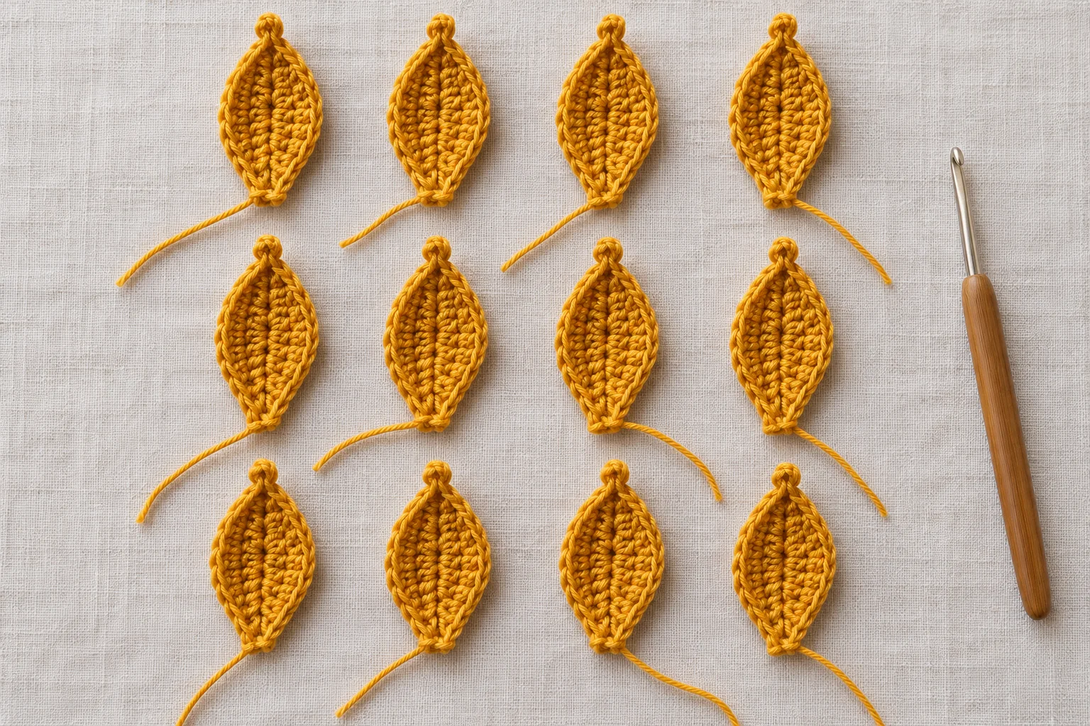 Twelve separate golden yellow crochet sunflower petals