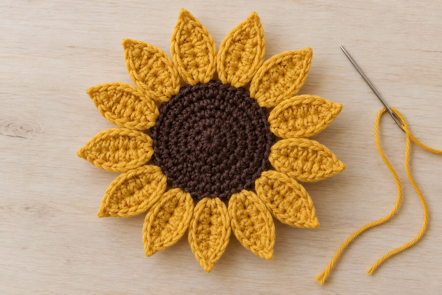 Golden petals sewn around crochet sunflower center