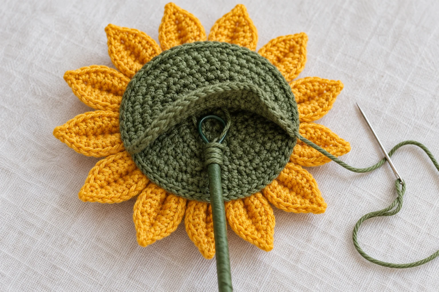 Illustration of floral wire attachment inside crochet sunflower head