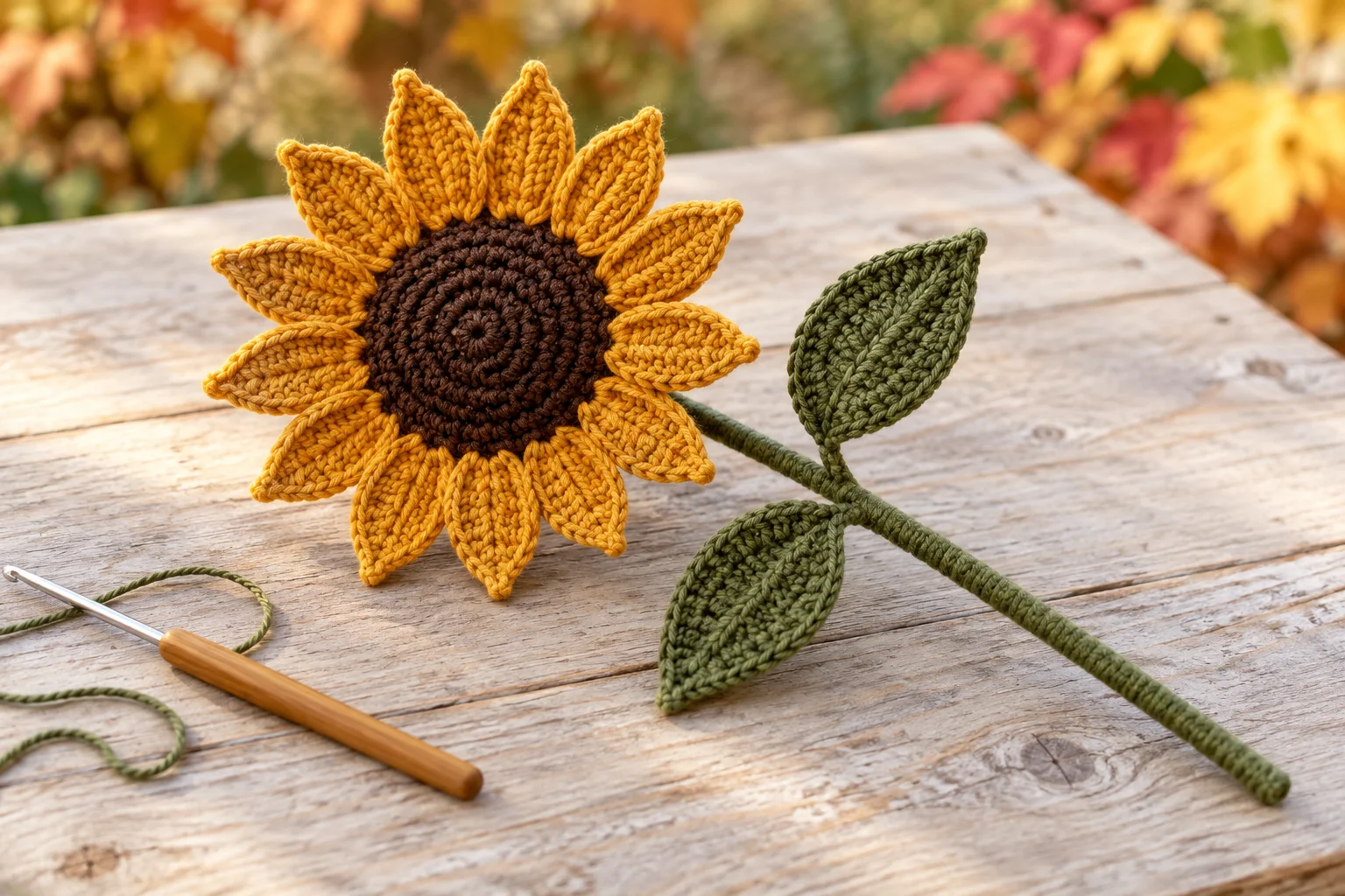 Finished crochet sunflower with yarn wrapped stem and two green leaves