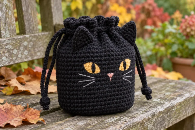 Finished crochet black cat drawstring pouch with yellow eyes