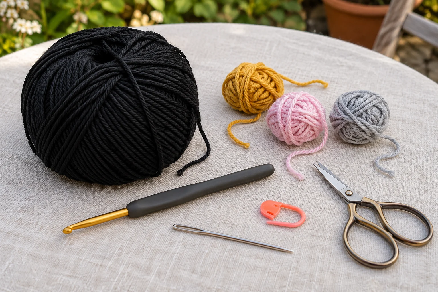 Yarn and tools for crochet black cat pouch