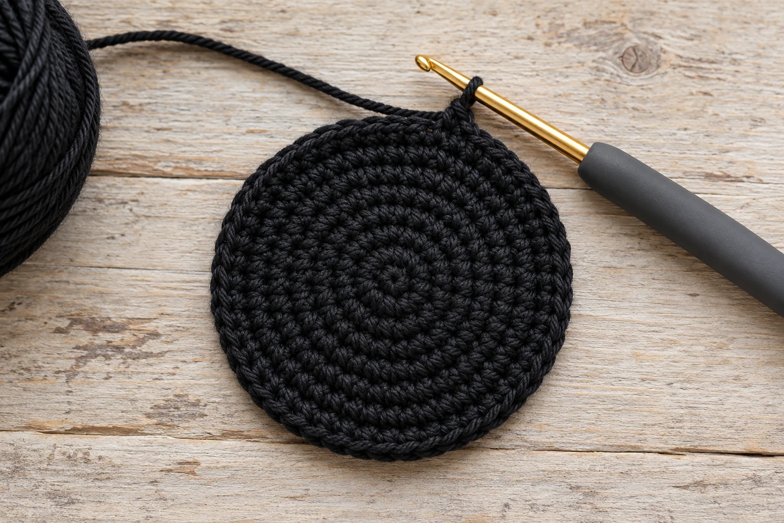 Circular black crochet base for the cat pouch