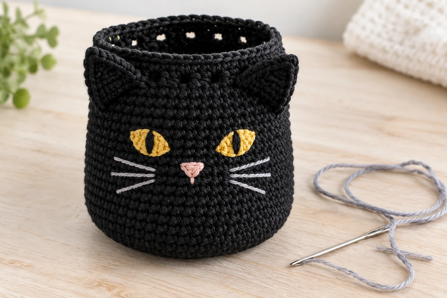 Embroidered yellow eyes pink nose and gray whiskers on cat pouch