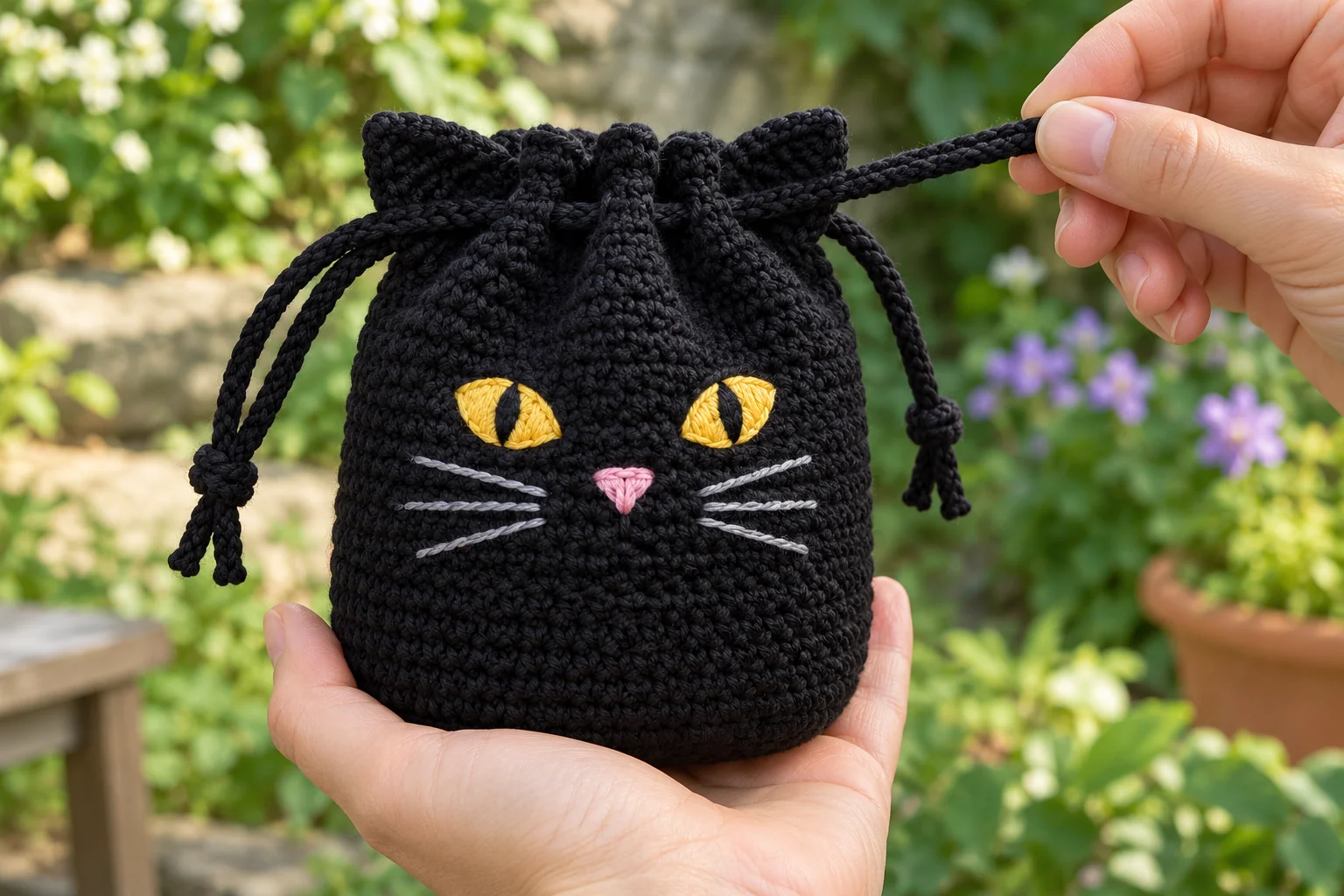 Finished black cat crochet pouch with drawstring closure