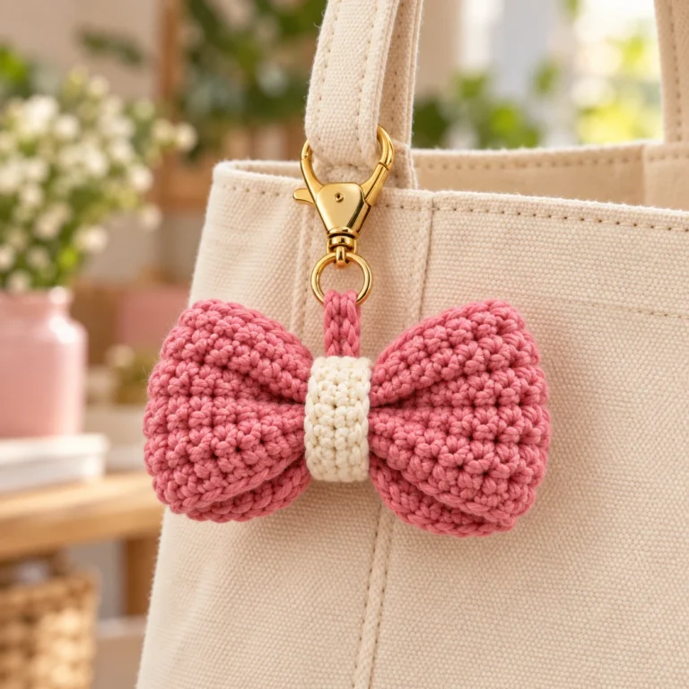 Dusty pink crochet bow bag charm with a cream center band and gold clasp.