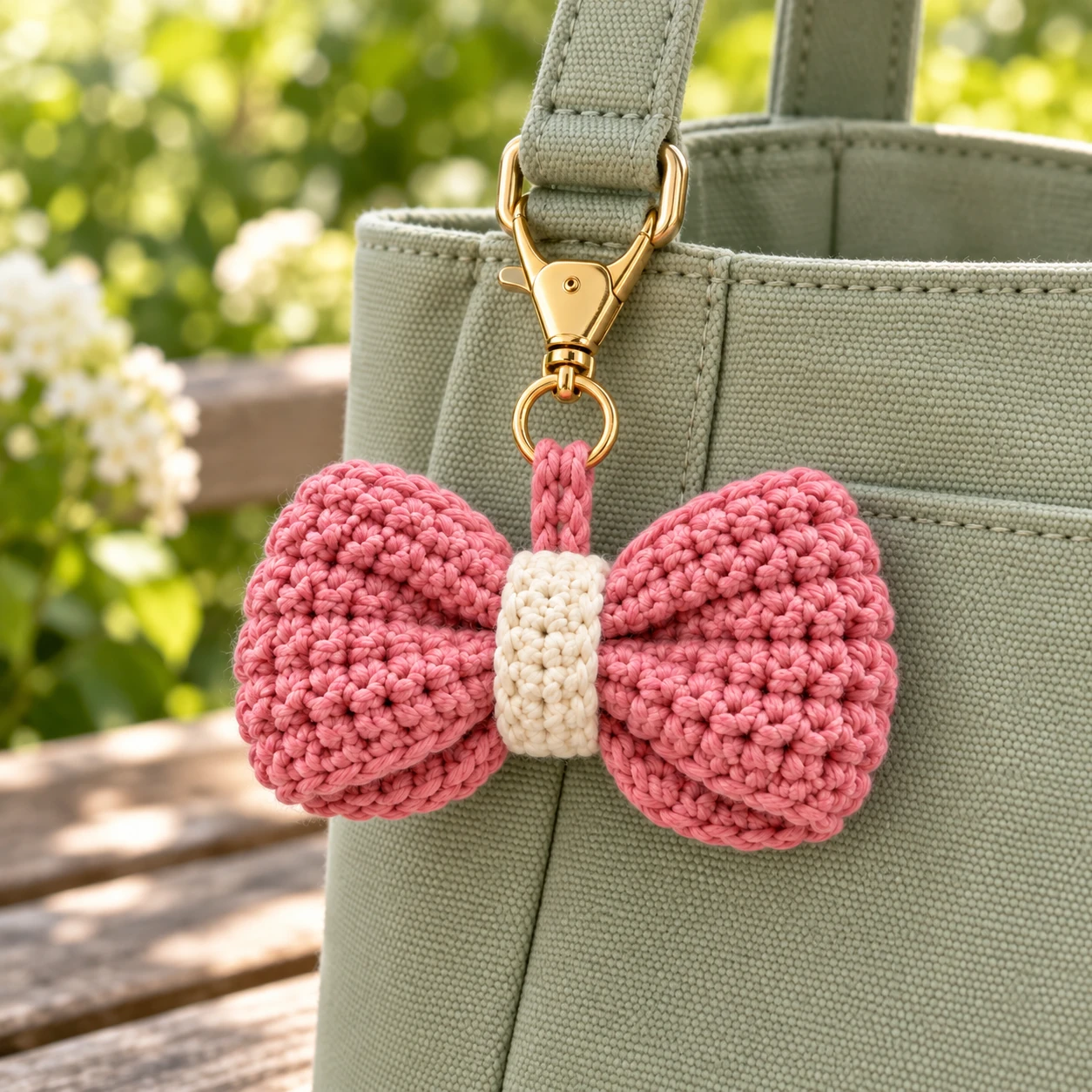 Finished pink crochet bow bag charm attached to a sage tote bag outdoors.