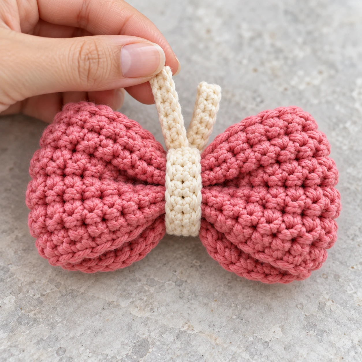 Narrow cream crochet band being fitted around the gathered pink bow.