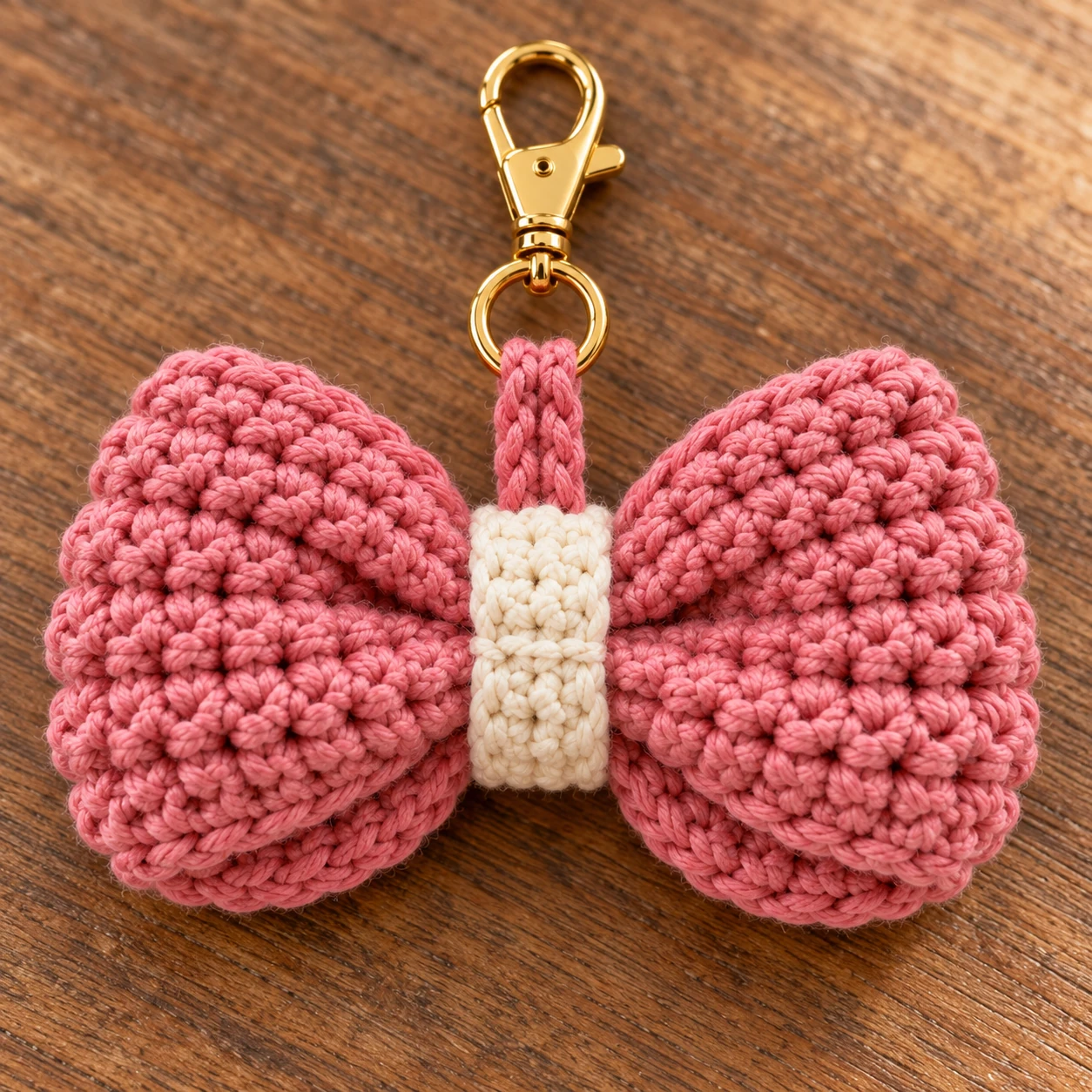 Back of a crochet bow showing the cream band seam, pink hanging loop, and gold clasp.