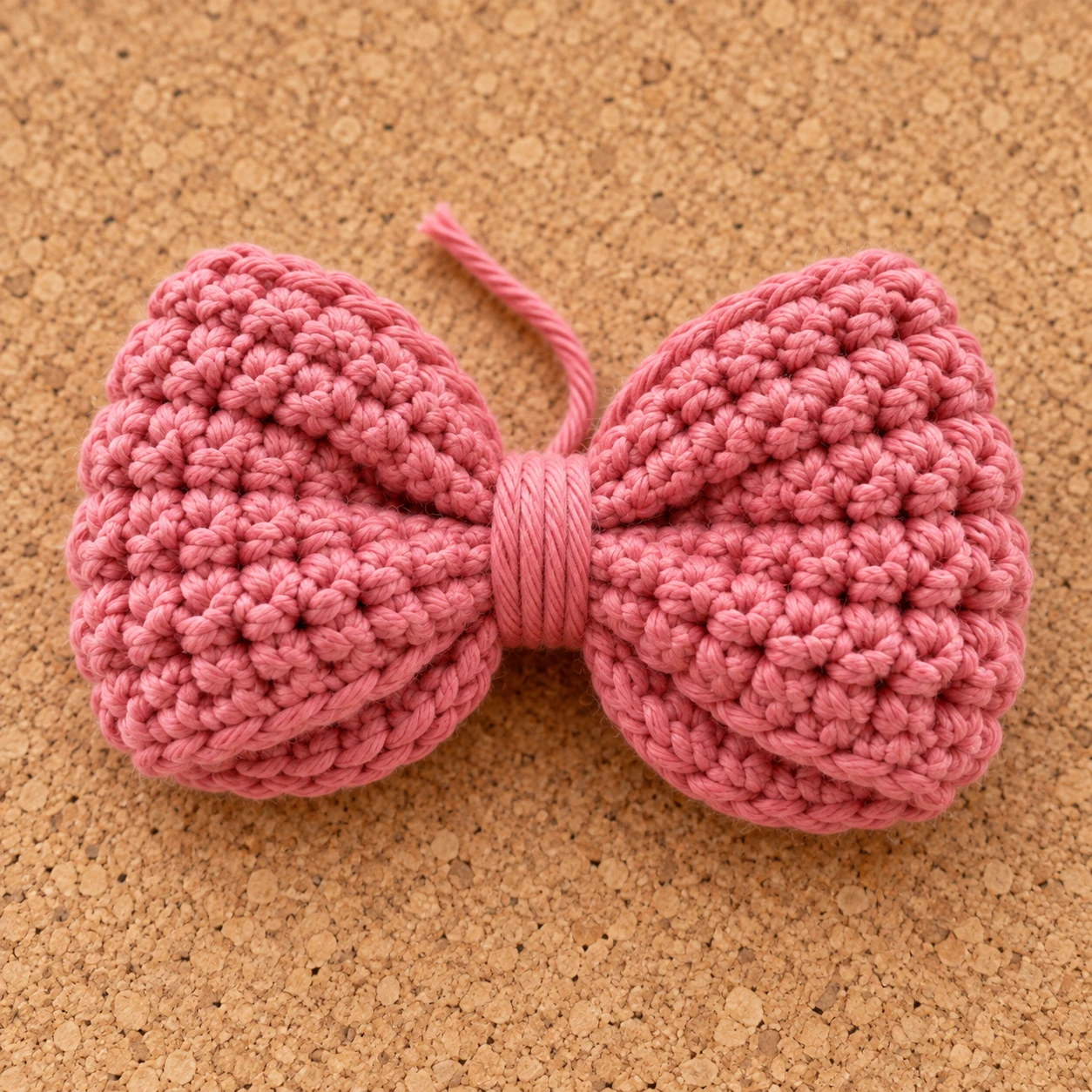 Pink crochet bow gathered at the middle with matching yarn.