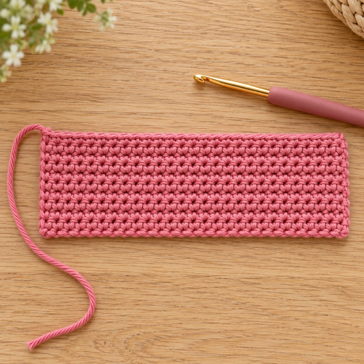 Dusty pink single crochet rectangle before joining the short edges.