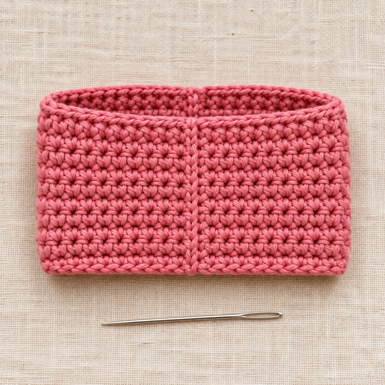 Joined crochet panel flattened with its short-edge seam centered on the back.