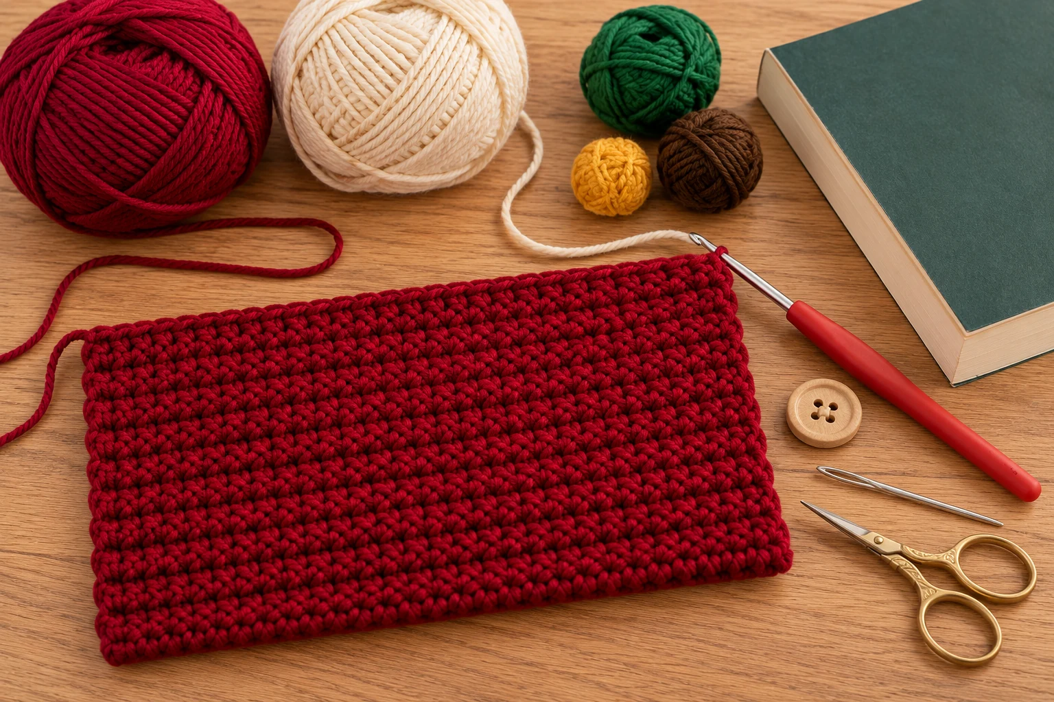 Yarn, crochet hook and supplies for the Christmas book sleeve