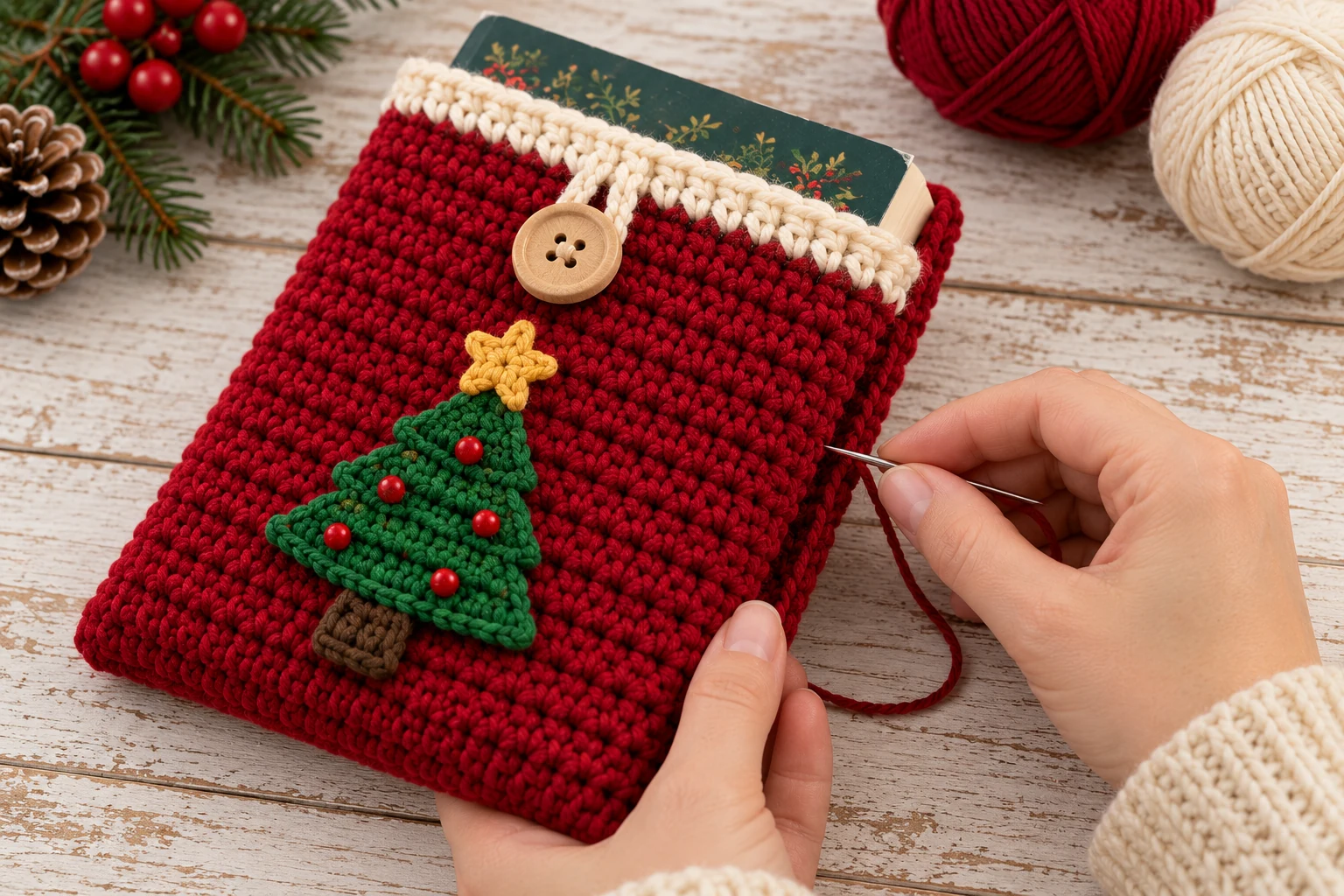 Joining the side seam of the folded crochet book sleeve