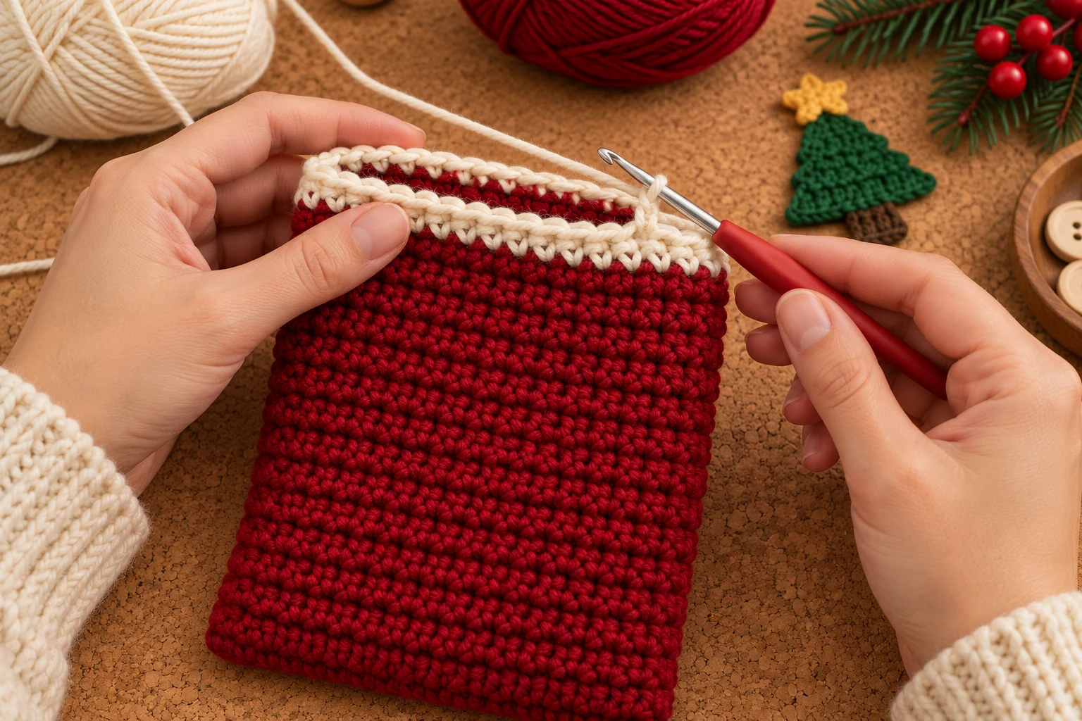 Cream border around the crochet book sleeve opening