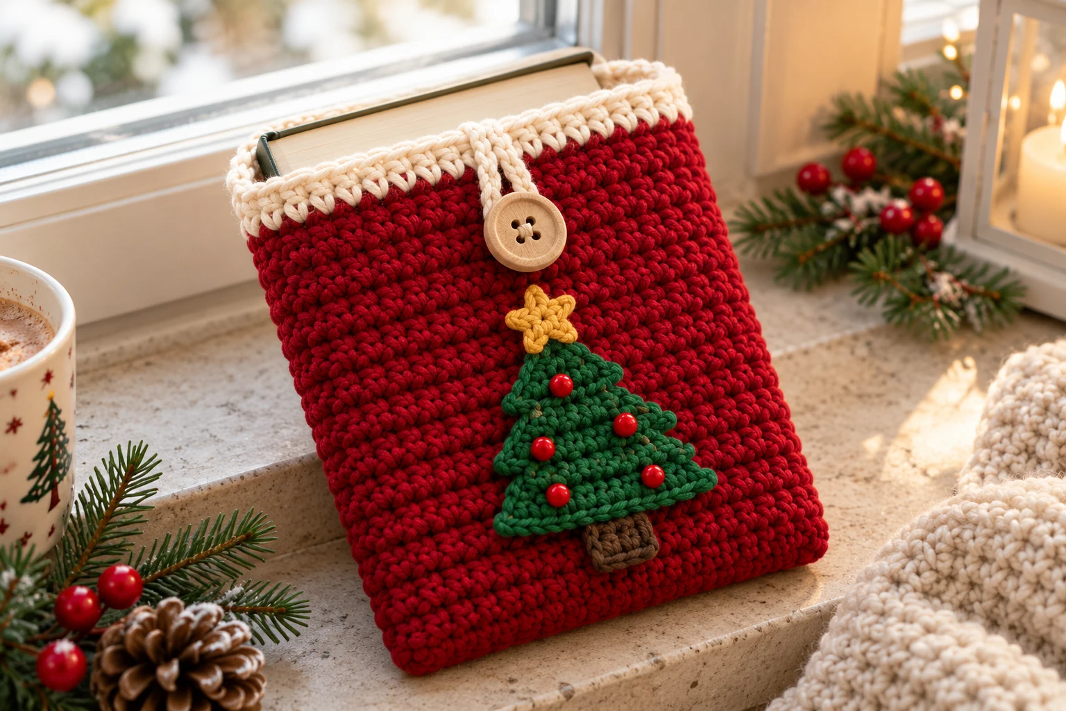 Button and cream crochet loop closure on the book sleeve