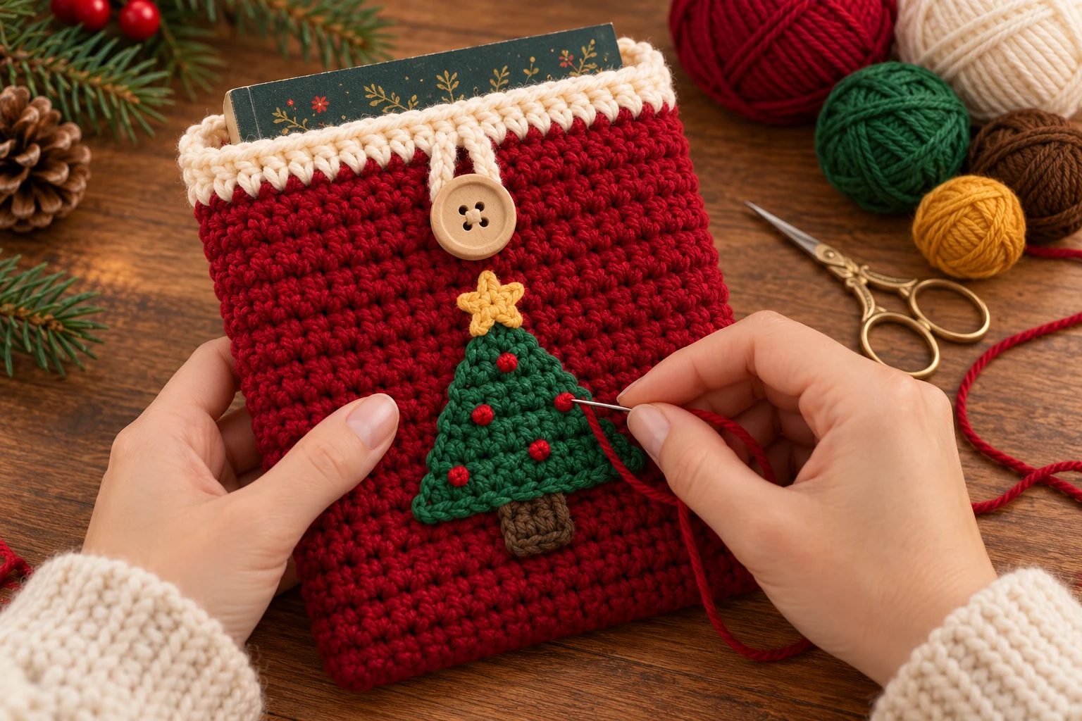 Green Christmas tree decoration on the crochet book sleeve