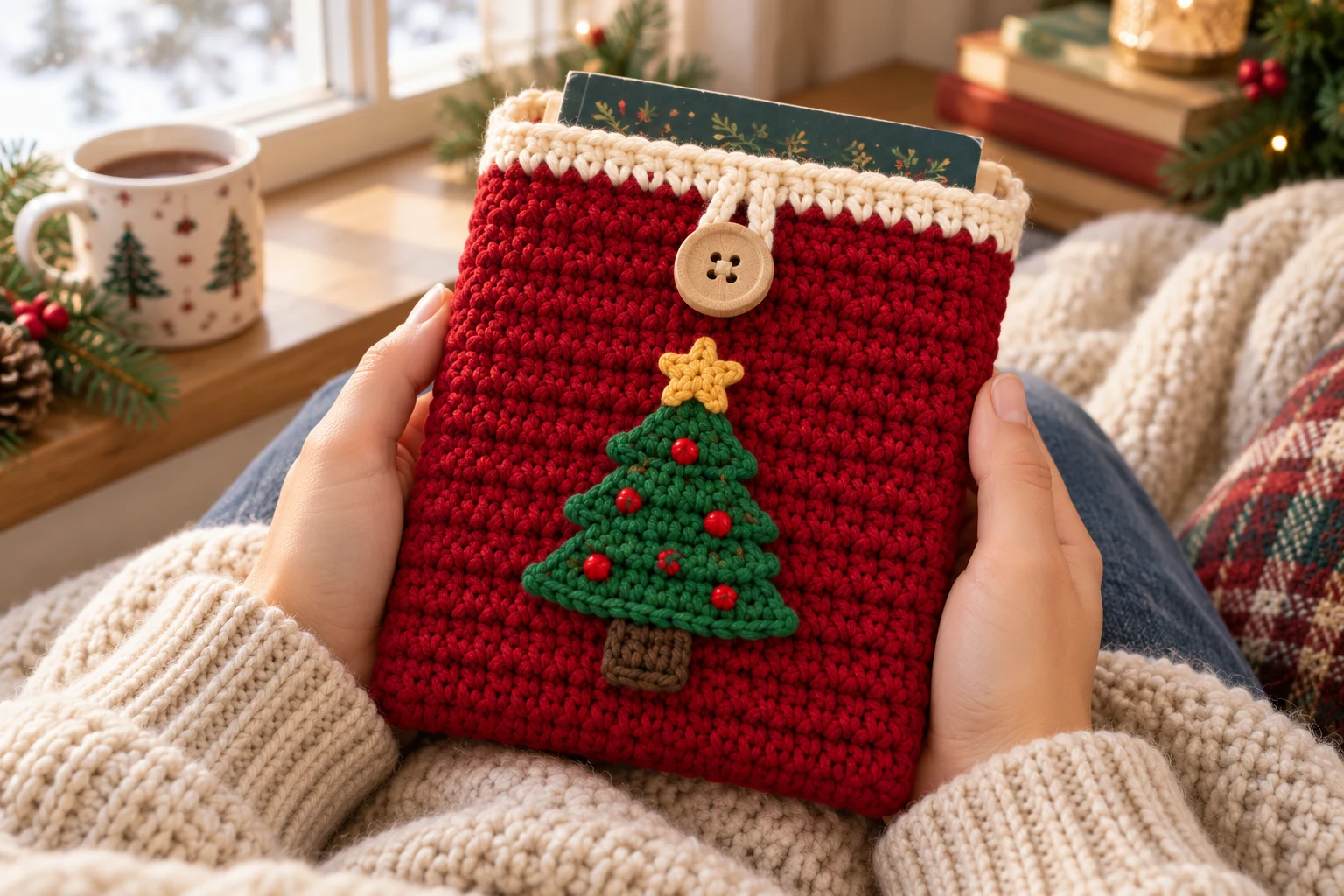 Finished crochet Christmas book sleeve styled as a handmade gift