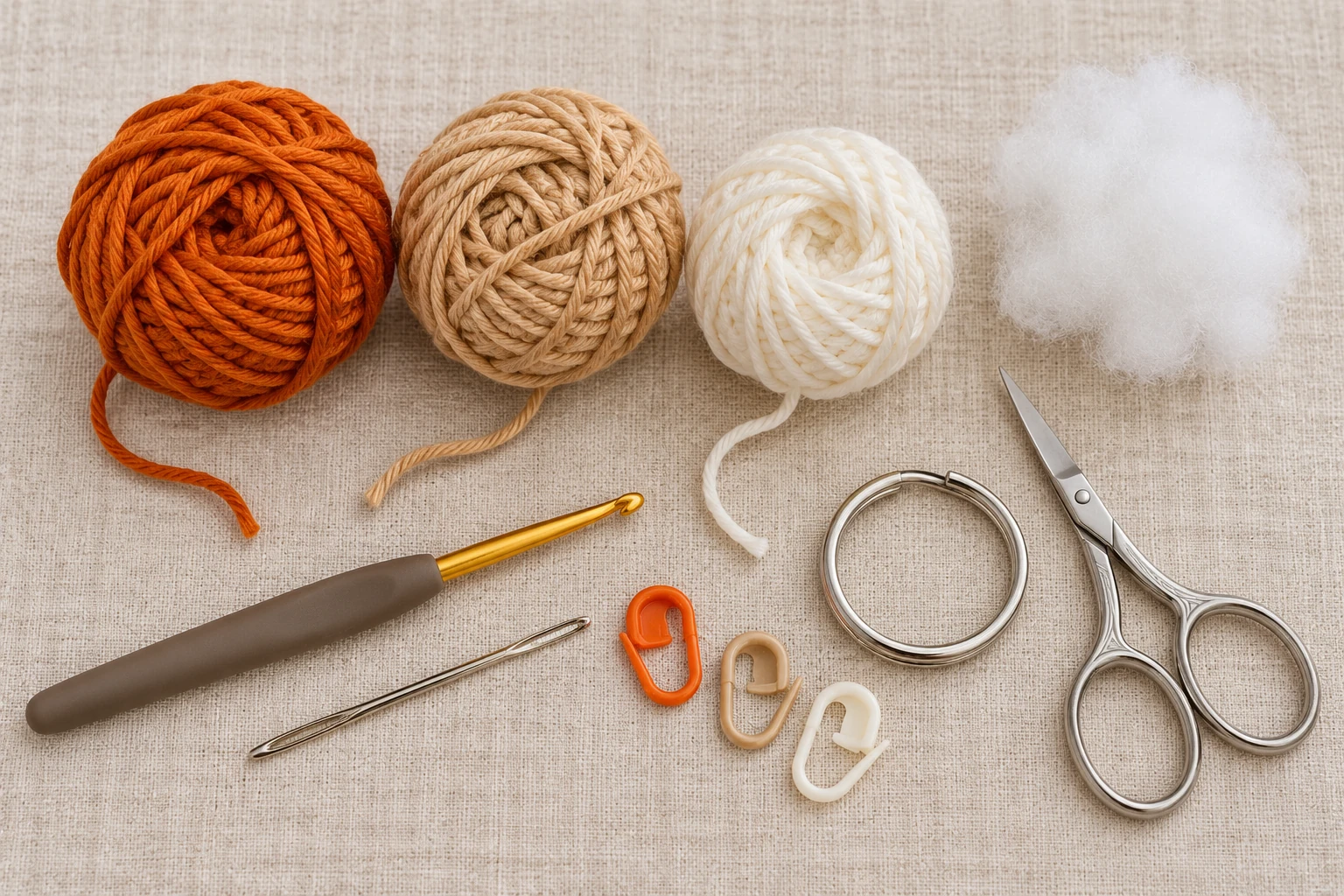 Orange, tan and ivory yarn with crochet tools for a pumpkin pie keychain