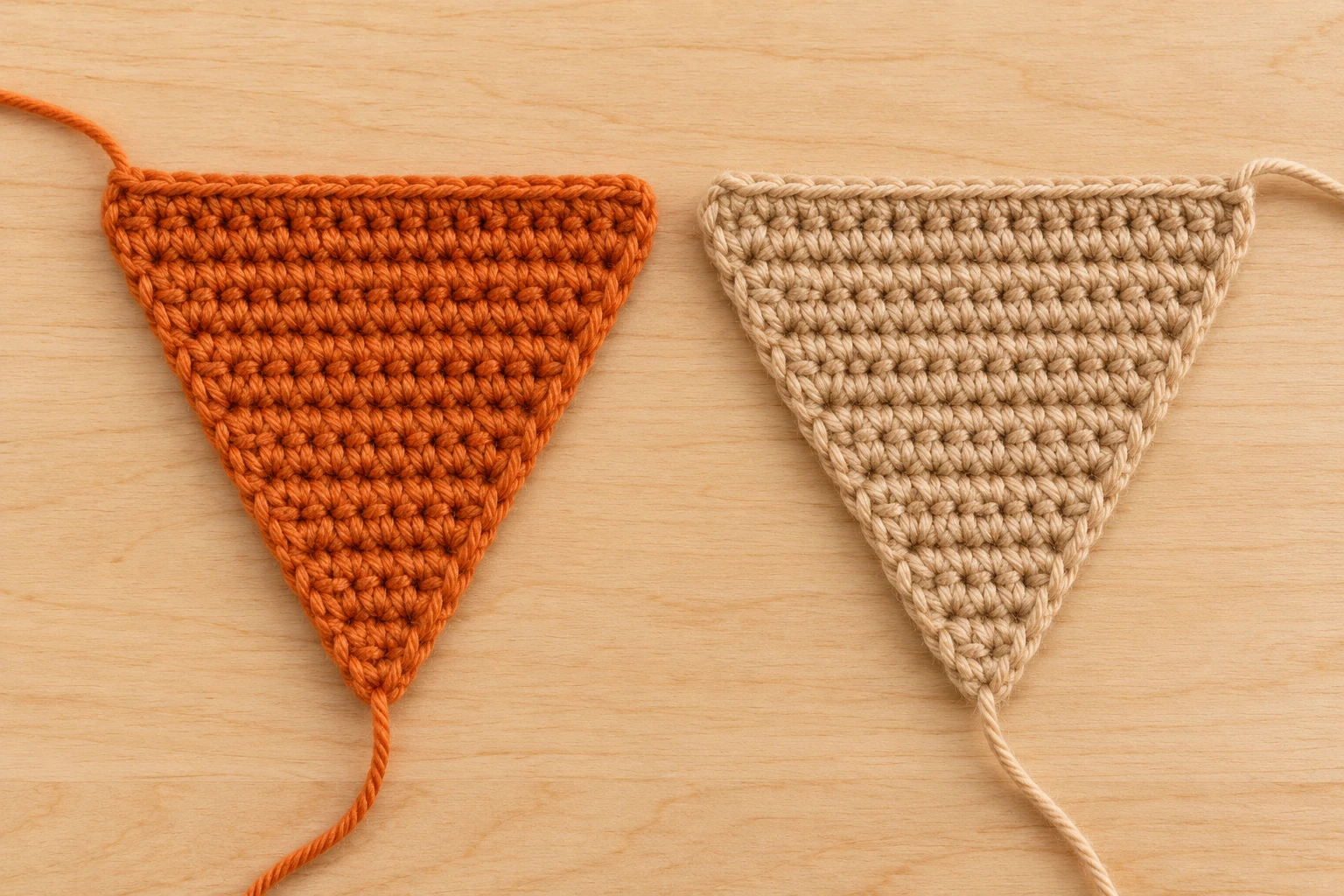 Orange top and tan base triangles for the crochet pumpkin pie slice