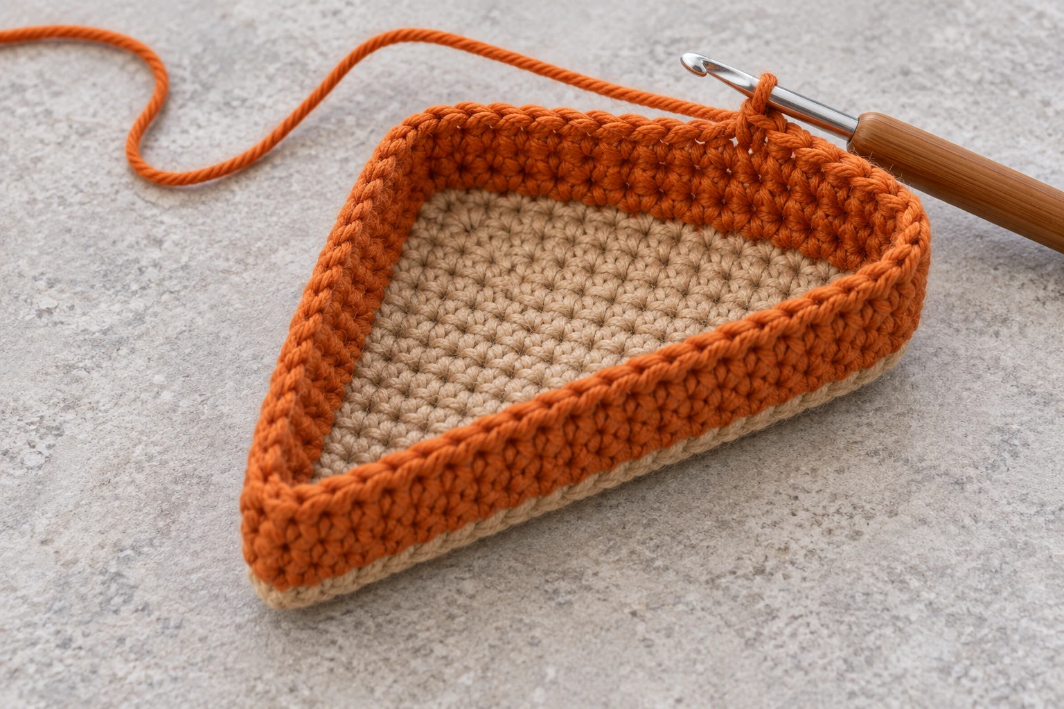 Orange crochet filling wall worked around the tan triangular base