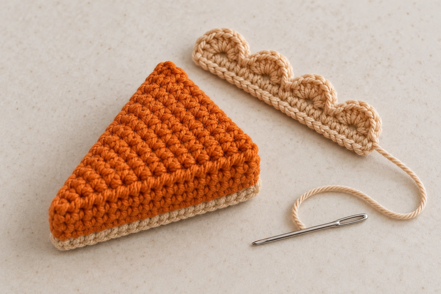 Tan crochet strip with four scalloped shells for the back crust