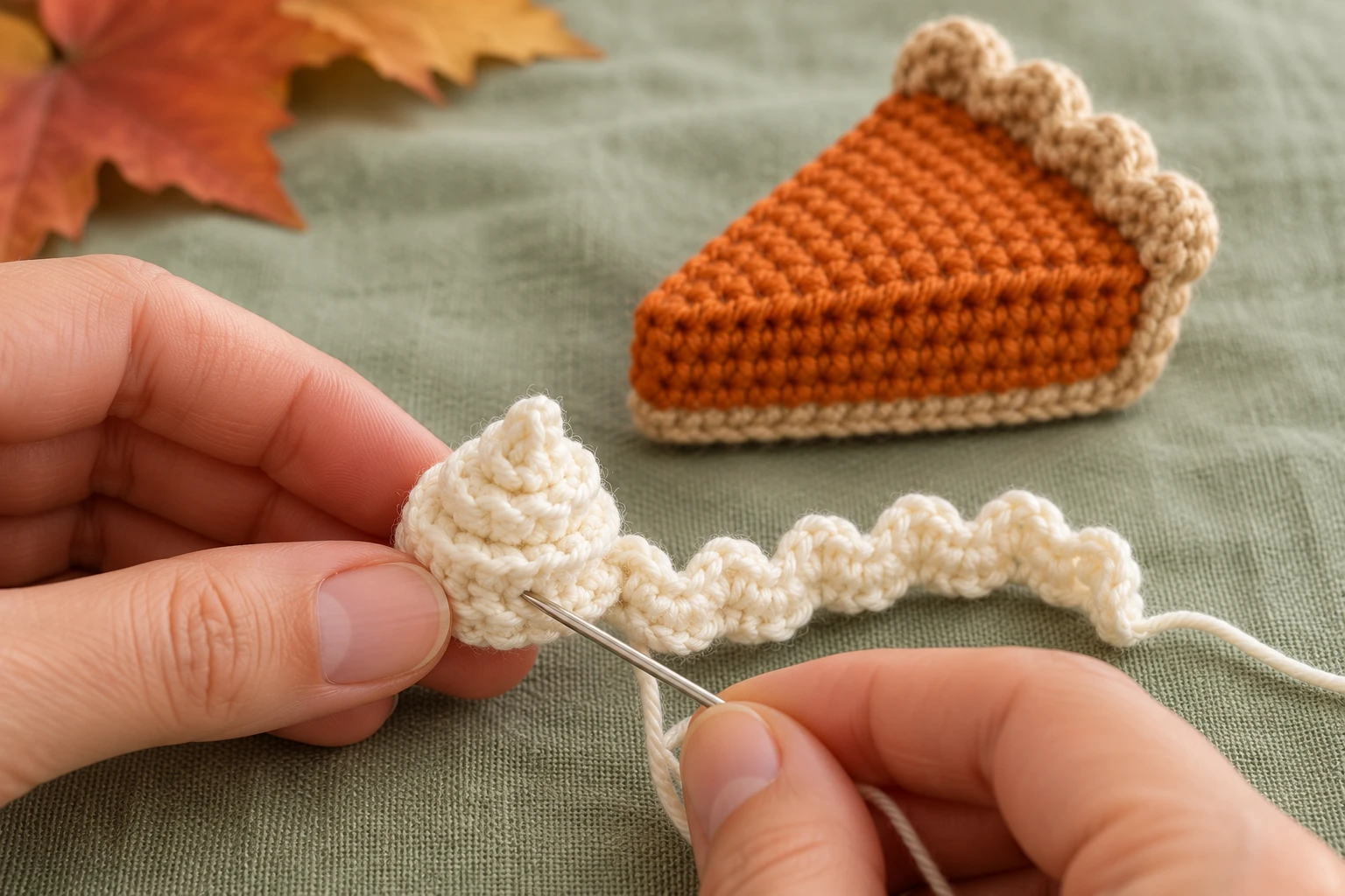 Rolling the ivory crochet strip into a cream topping rosette