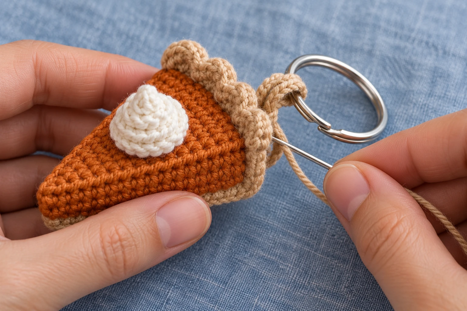Attaching the reinforced tan loop and silver keyring to the crochet pie