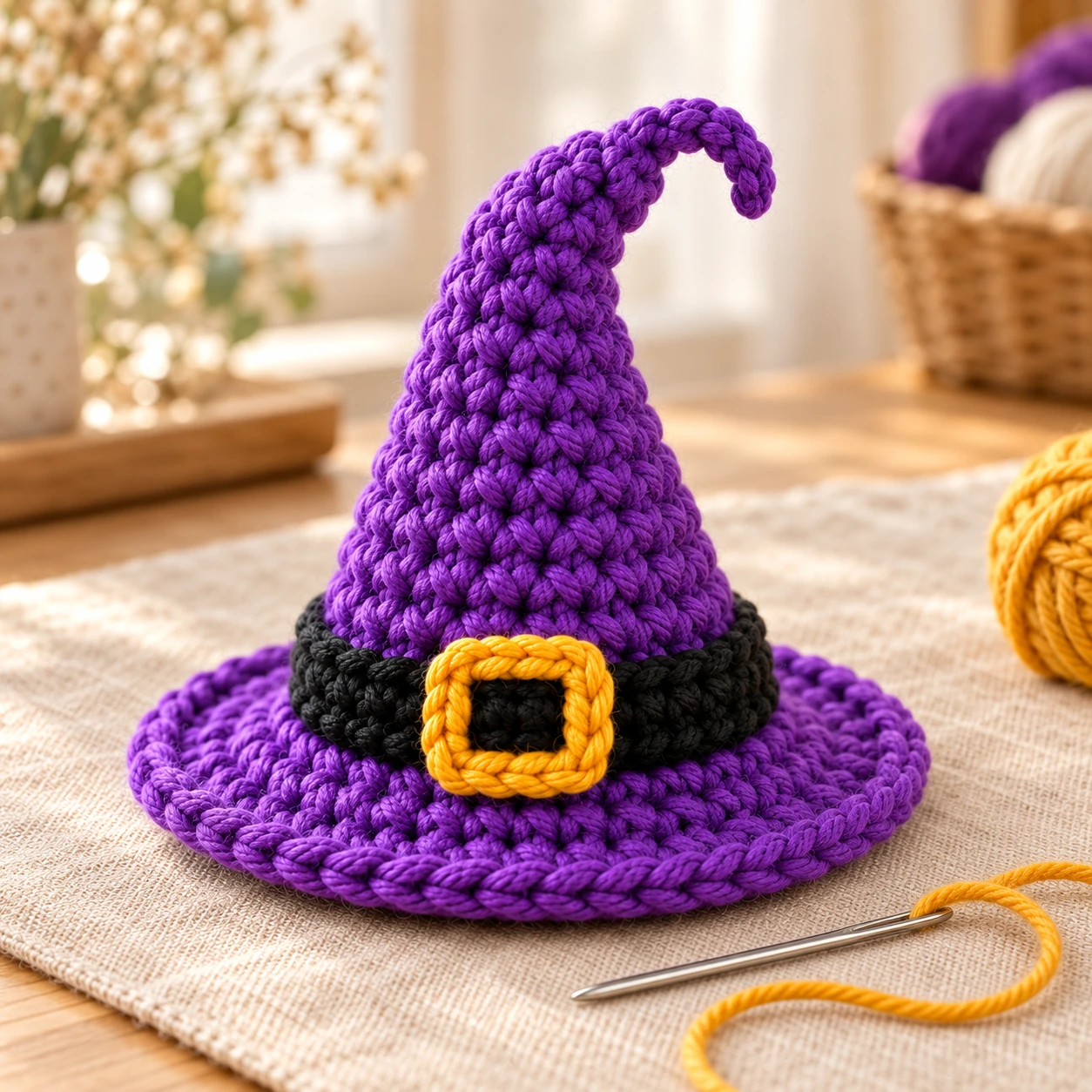 Black crochet band and gold buckle on a purple witch hat