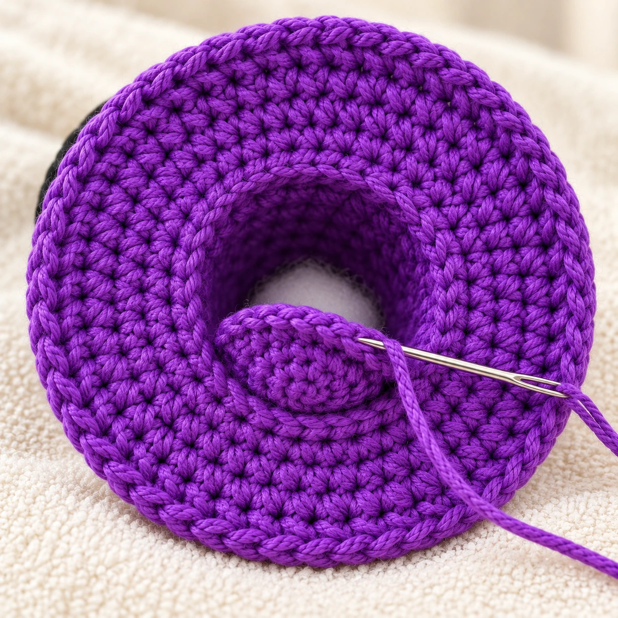 Sewing a purple base disk onto the underside of a crochet witch hat